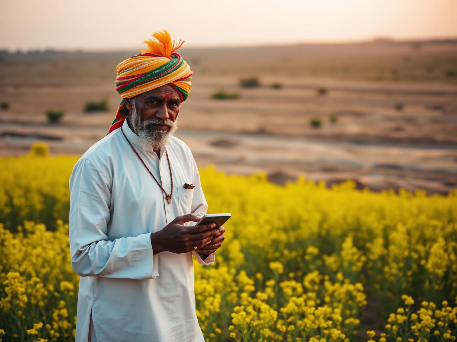A Rajasthani farmer in a mustard field using KhetSarthi on his phone